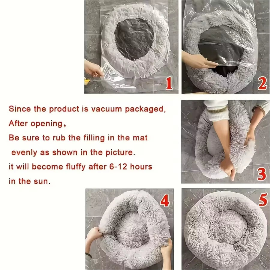 Plush Faux Fur Donut-Shaped Pet Bed - Cozy, Washable Sleeping Pad for Small to Medium Dogs and Cats