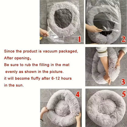 Plush Faux Fur Donut-Shaped Pet Bed - Cozy, Washable Sleeping Pad for Small to Medium Dogs and Cats